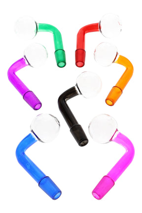 US-made 14.5 mm male painted glass oil burner attachment with clear globe head, L-shaped stem; assorted colors shown, about 15 g.