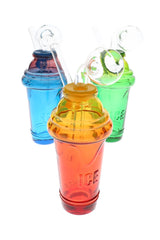 US-made colored glass ice cream cup oil burner with clear bubble burner and angled straw mouthpiece; assorted colors, novelty cup design.