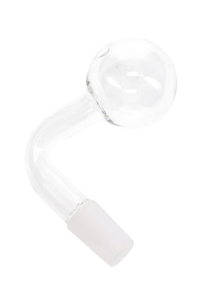 Clear 14.5 mm male glass oil burner attachment with L-shaped stem and round globe head; lightweight ~15 g for 14.5 mm female joints.