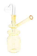 Yellow bottle-style glass oil burner showing 14.5 mm GoG joint, dome burner, and angled straw mouthpiece, white background.