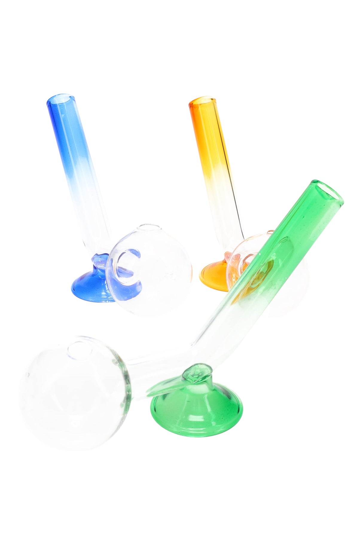Assorted US-made clear glass oil burner pipes with colored base accents, 6″ length shown in a group lineup