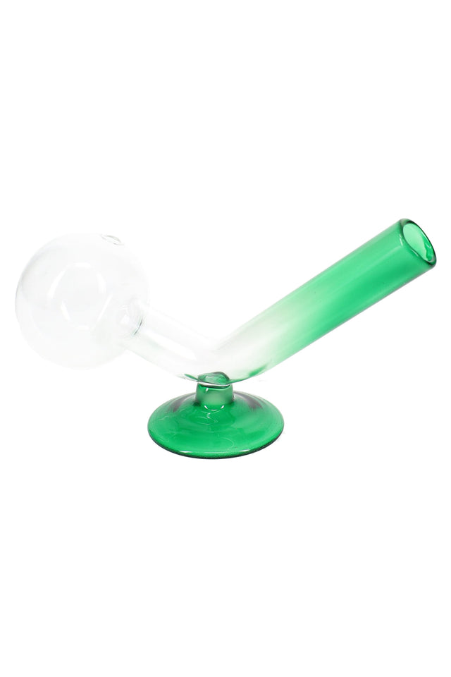 Clear glass oil burner pipe with green accent and stabilizing base, US-made 6″ size on a white background.