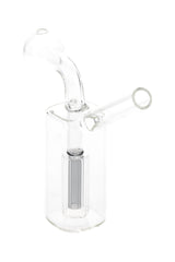 Mini clear glass oil burner rig with internal colored perc, 3″ tall, straight mouthpiece and fixed globe burner; lightweight ~60 g design.