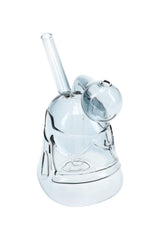 Grey 3″ glass trooper oil burner rig with angled mouthpiece, spherical burner head, and stable, rounded foot.