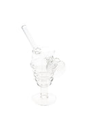 5.5″ clear glass spiral chamber oil burner rig with flared foot and angled straw mouthpiece.