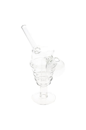 5.5″ clear glass spiral chamber oil burner rig with flared foot and angled straw mouthpiece.