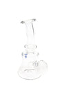 5.5″ small beaker-style clear glass oil burner rig with curved neck and side-mounted bubble burner.