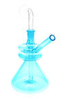 Blue beaker-style mini oil burner with glass-on-glass joint and angled straw; compact 6″ design on white background.