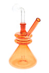 Orange beaker oil burner showing double-donut neck, glass-on-glass joint, and angled straw mouthpiece, studio white background.