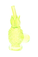 Neon yellow glass pineapple oil burner rig with leafy top and spherical burner, small 5.5″ form.