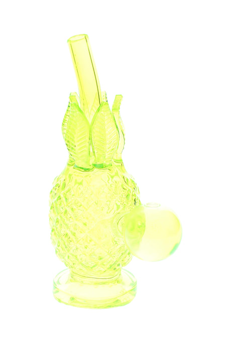 Neon yellow glass pineapple oil burner rig with leafy top and spherical burner, small 5.5″ form.