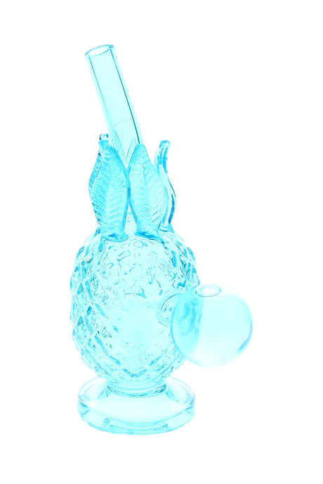 Light blue glass pineapple oil burner rig, stable round foot, angled tube, compact 5.5″ height.