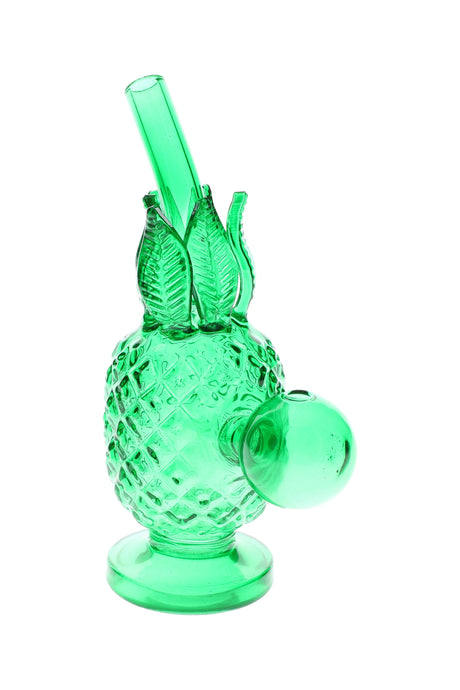 Green glass pineapple oil burner rig showing diamond texture and side globe burner, mini 5.5″ profile.