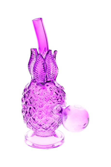 Purple glass pineapple oil burner rig with angled mouthpiece and round globe burner, 5.5″ tall on white.