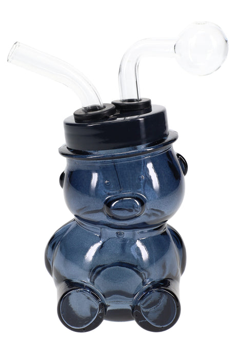 Single colored glass bear oil burner rig, small 3½″ character design shown upright with attached oil burner top