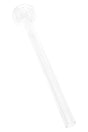 Angled view of a 6-inch thin clear glass oil burner pipe showing straight stem and round bowl on white background.