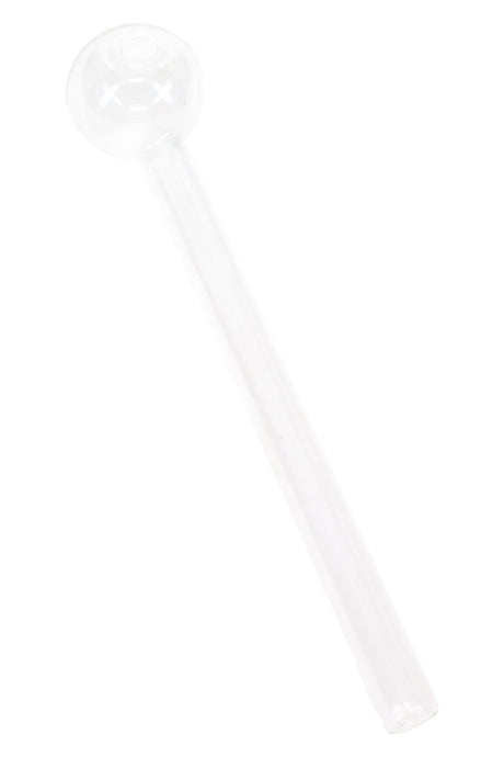 Angled view of a 6-inch thin clear glass oil burner pipe showing straight stem and round bowl on white background.