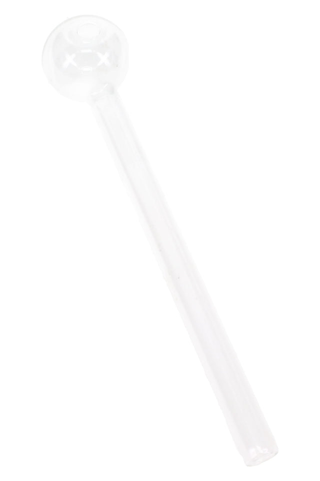 Angled view of a 6-inch thin clear glass oil burner pipe showing straight stem and round bowl on white background.