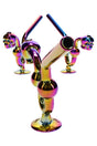 6″ rainbow metallic glass skull water-dog oil burner with angled mouthpiece and pedestal base; reflective multi-color finish, assorted colors shown.