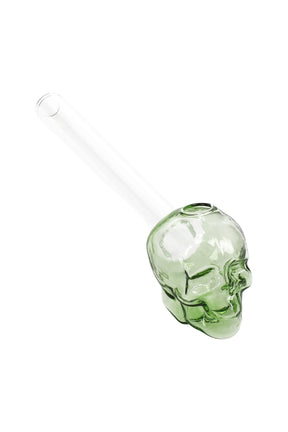 Green glass skull oil burner pipe with clear straight stem and top opening; compact 5″ size for heating fragrance or concentrate oils.