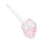 Pink glass skull oil burner pipe with clear straight stem and round top opening; 5″ length, bold sculpted head, sold individually.
