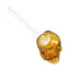 Amber glass skull oil burner pipe with clear straight stem and round opening; compact 5″ size for precise heating of oils.