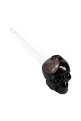 Black glass skull oil burner pipe with clear straight stem and top opening; 5″ compact design with sculpted skull head.