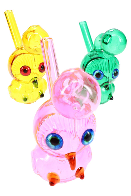 3″ mini colored glass owl oil burner rig with bubble burner and angled straw mouthpiece; assorted bright colors, sold individually.