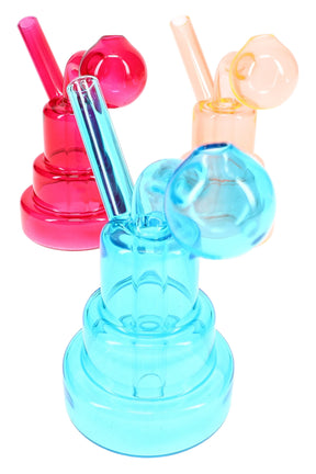 3″ mini colored glass tiered oil burner rig with side bubble burner and angled straw mouthpiece; assorted bright colors, sold individually.