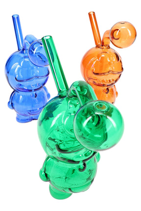 3½″ colored glass smiley-face mini oil burner rig with side bubble and angled straw mouthpiece; assorted colors, sold individually.