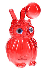 Red glass owl oil burner rig close-up, 4″ novelty figure design with clear bubble chamber and angled neck.