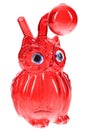 Red glass owl oil burner rig close-up, 4″ novelty figure design with clear bubble chamber and angled neck.