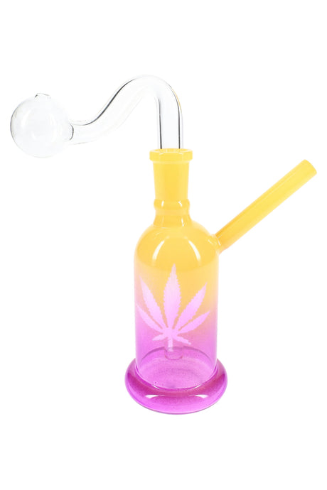 Single multicolor leaf oil burner rig, 5″ glass body with yellow-to-purple gradient, clear bulb top, 14.5 mm joint.