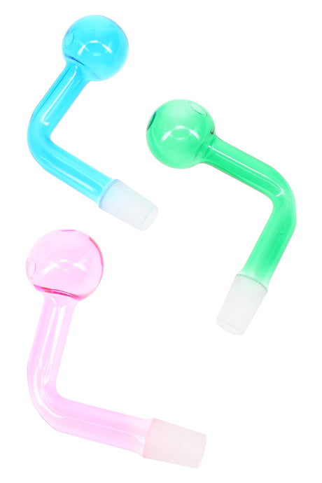 Assorted colored 14.5 mm male oil burner attachments in blue, green, and pink with clear globe tops