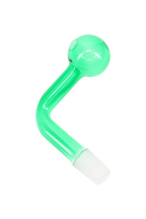Green 14.5 mm male colored glass oil burner attachment with frosted joint and clear globe, angled view