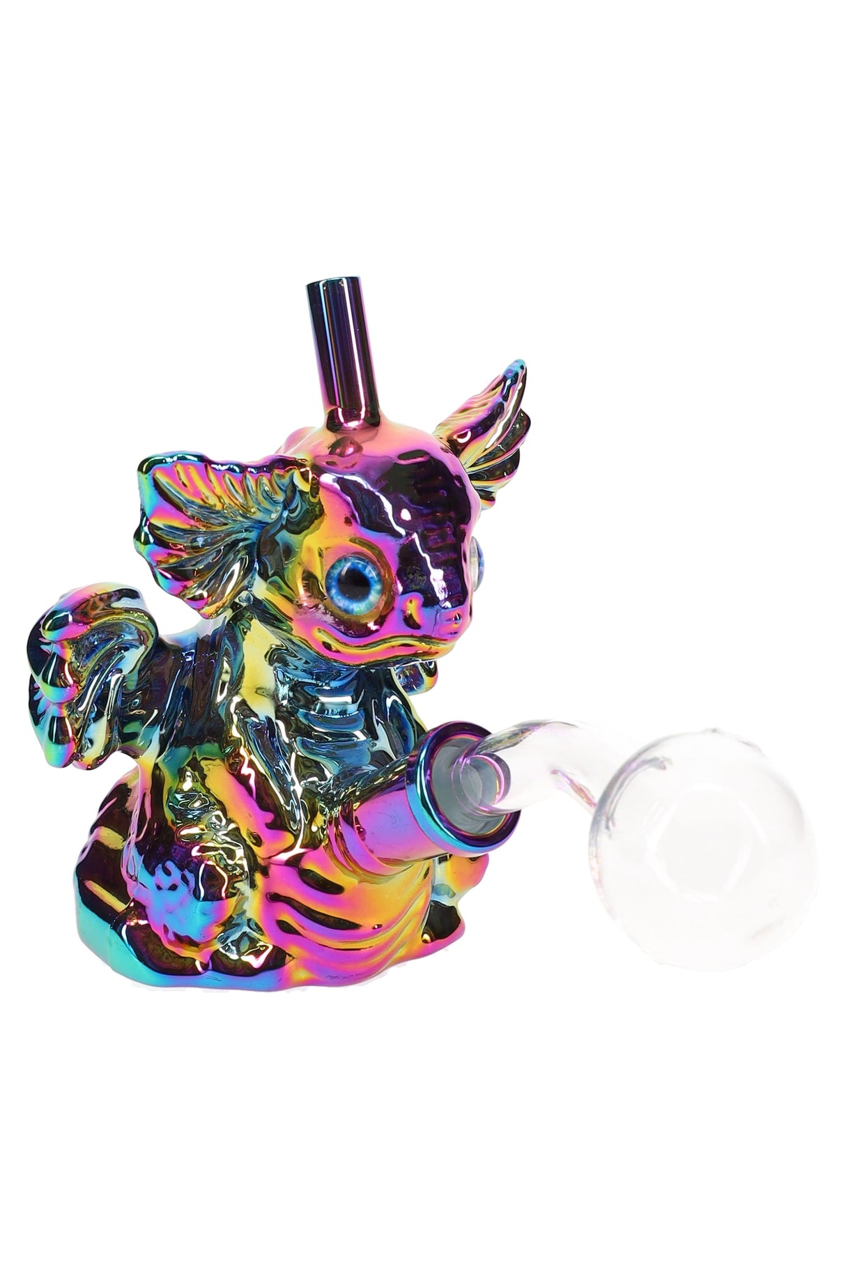 5″ metallic GoG sea-creature oil burner rig with clear globe top and 14.5 mm female joint, angled view