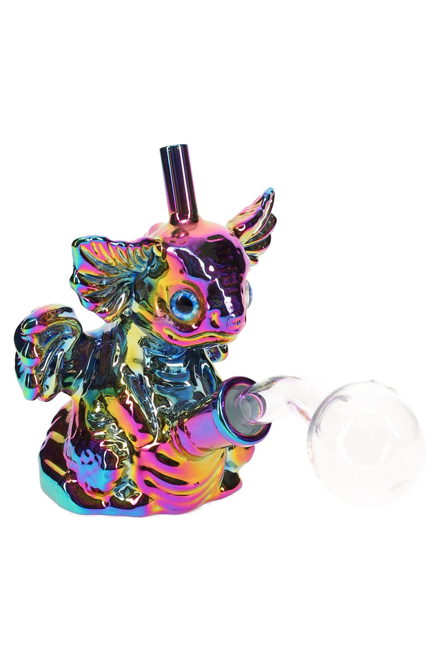 5″ metallic GoG sea-creature oil burner rig with clear globe top and 14.5 mm female joint, angled view