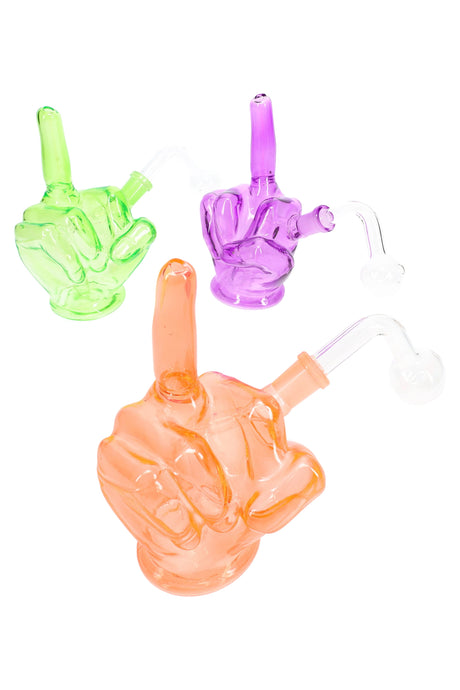Assorted colored GoG middle finger oil burner rigs in multiple colors, grouped display on white background