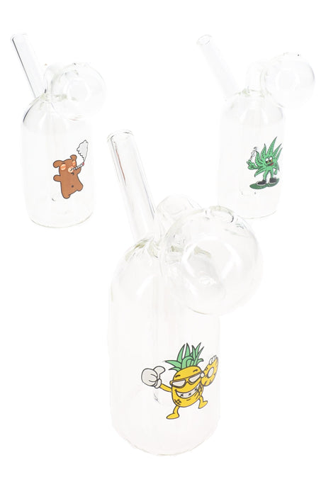 Assorted 4½″ clear glass oil burner rigs with mixed character decals, grouped lineup on white background