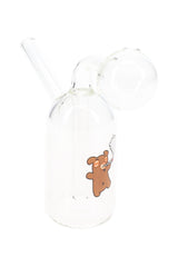 4½″ clear beaker oil burner rig with bear decal graphic, compact body shown at an angled hero view