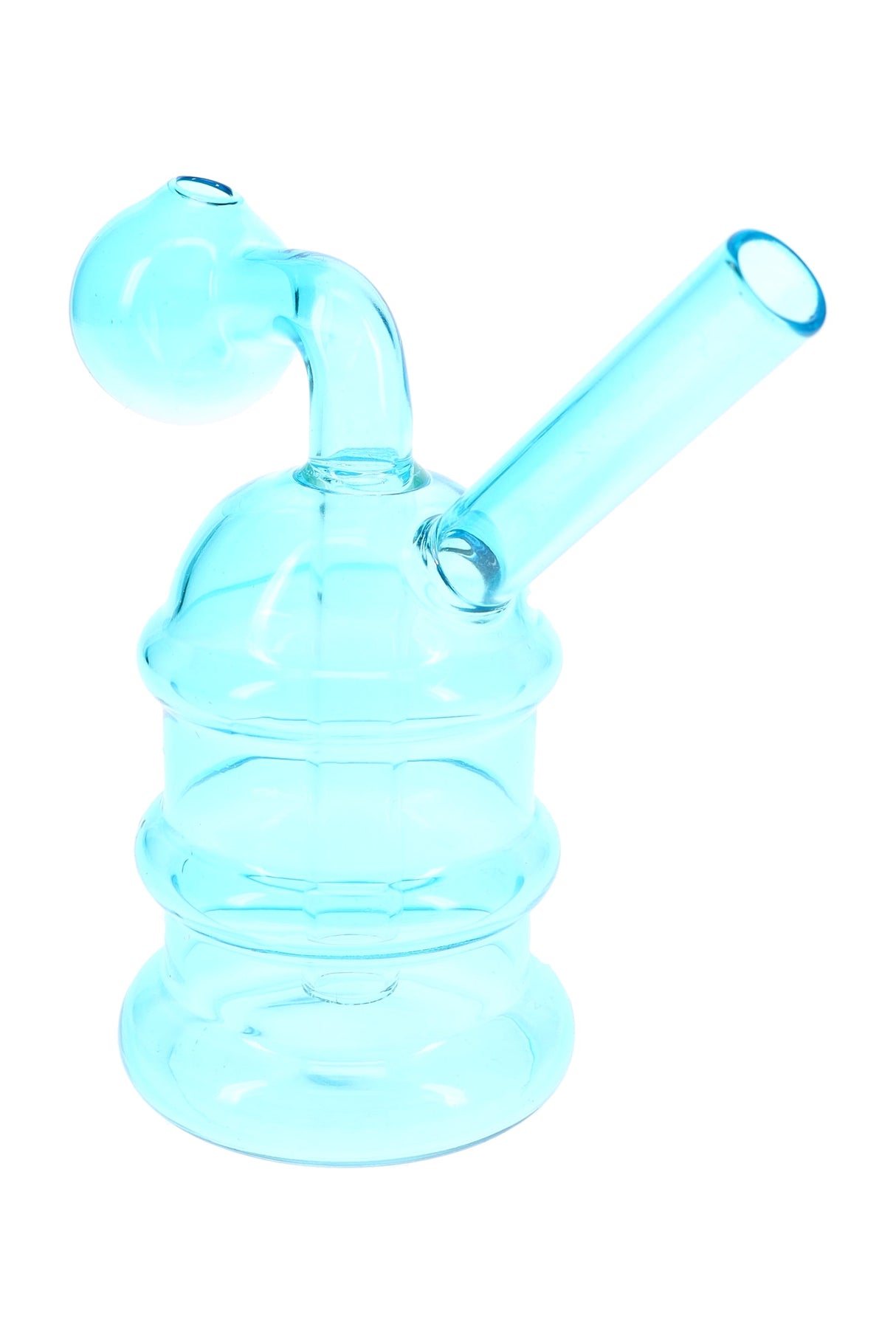 Blue ridged glass oil burner rig with angled neck and round burner bowl, compact 4.5-inch mini glass design
