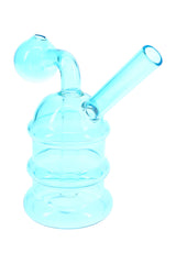 Blue ridged glass oil burner rig with angled neck and round burner bowl, compact 4.5-inch mini glass design