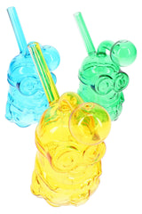 Assorted colorful glass Little Worker oil burner rigs in blue, green, and yellow, compact 5-inch novelty pieces sold individually