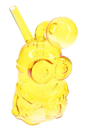 Yellow glass Little Worker oil burner rig with character-style body and bubble chamber, compact 5-inch novelty glass design
