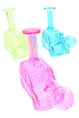 Assorted colorful glass car oil burner rigs in pink, blue, and green, compact 5-inch novelty glass pieces sold individually