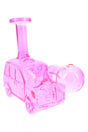 Pink glass car oil burner rig with front grille detail and round burner bowl, compact 5-inch novelty glass design