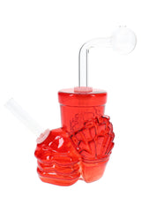 Red glass takeout oil burner rig with burger and fries styling, angled neck, and 5.5-inch compact novelty profile