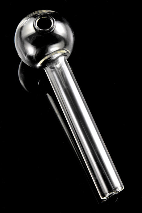 Clear thick glass straight oil burner pipe on black background showing rounded chamber and 4″ tube