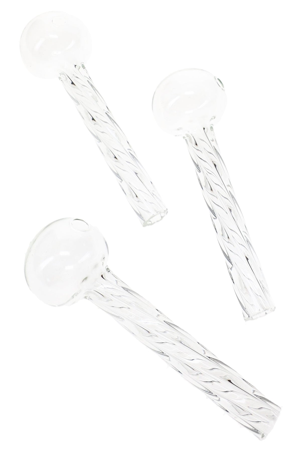 Three clear 4″ glass oil burner pipes arranged at different angles to show the twisted stems and round chambers