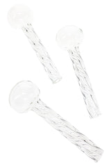 Three clear 4″ glass oil burner pipes arranged at different angles to show the twisted stems and round chambers